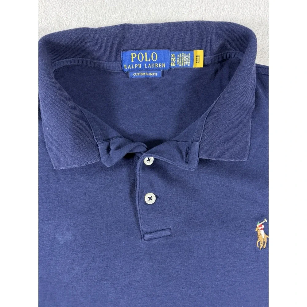 Polo Ralph Lauren Custom Slim Fit Polo Shirt Mens XL Blue Cotton Mesh Brown Pony